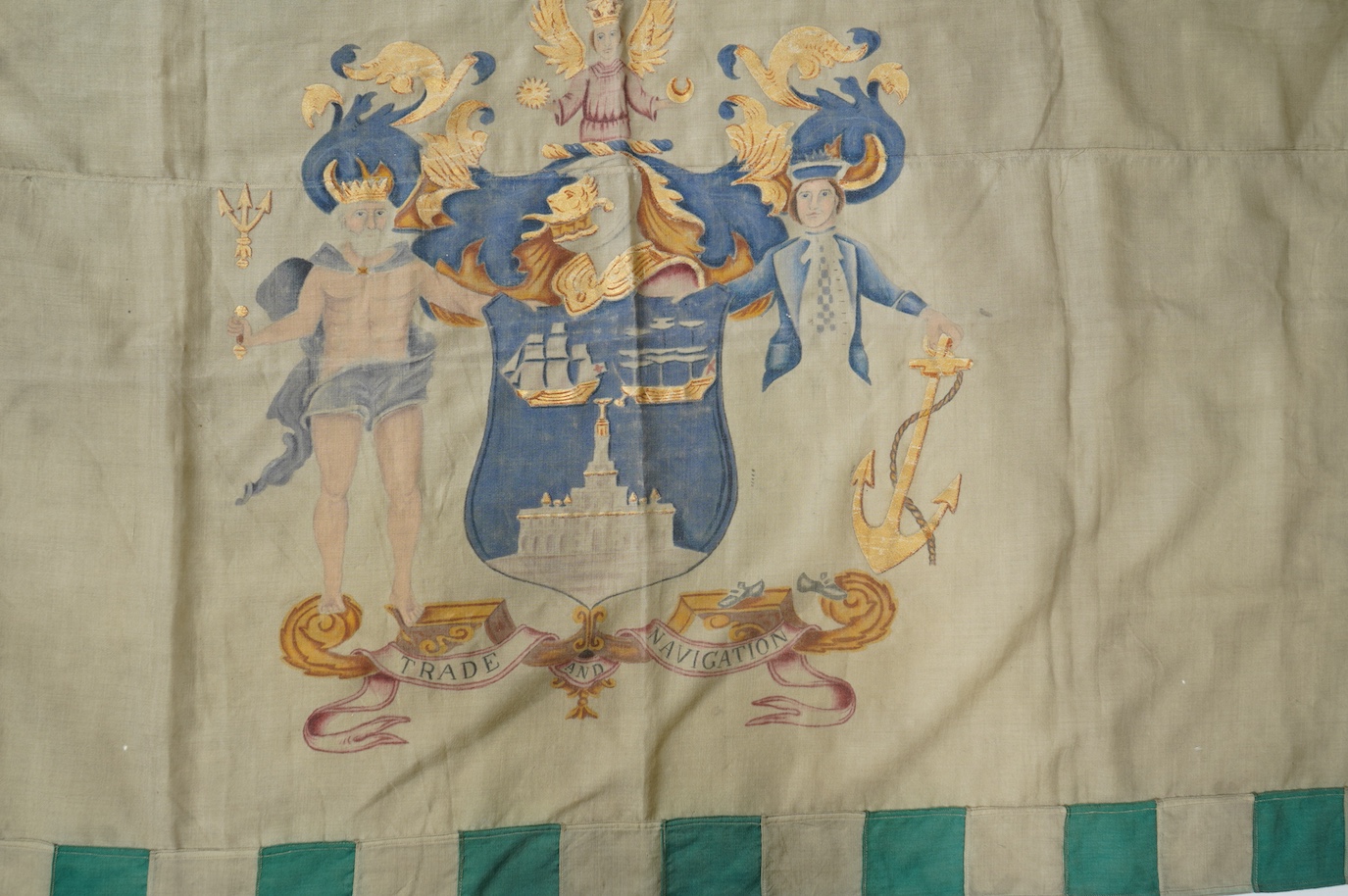 An unusual early 20th century hand painted British Royal Exchange Assurance Company ensign. Formed in 1720 it insured ships and goods at sea, fire for buildings and life insurance. The company merged with Guardian Assura